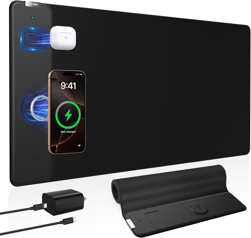 abc.mat Magnetic Wireless Charging Mouse Pad, 31.5"x15.8" Large Gaming Desk Mat for Keyboard/Laptop, Non-Slip Base & 20W PD Adapter, Waterproof Ultra-Smooth Surface Mousepad for Gamer, Office & Home, Black - Image 1